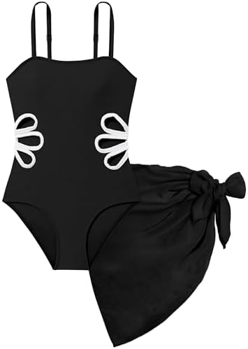 Girls Swimsuit Adjustable Straps Cut Out One Piece Bathing Suit with Solid Color Cover Up Skirt Girls' Swimwear 5-16Y