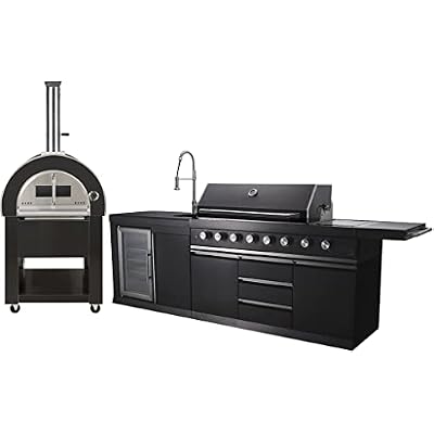 3 Piece Pizza Oven  Black Stainless Steel 6 Burner Black Marble Top Modular Island BBQ Outdoor Electric Propane Grill Kitchen with Fridge, Sink, Side Burner, LED Lights on Knobs, and Grill Cover