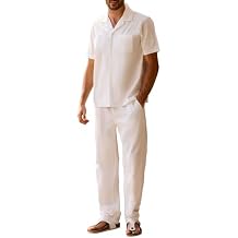Kallspin Men's Cotton Blend Two Piece Outfit Short Sleeve Button Down Shirt and Drawstring Pants Set Casual Beachwear
