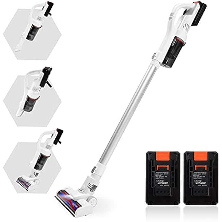 WECLEAN Cordless Vacuum Cleaner, 16000pa, Up to 60 Minutes Runtime, 200w Powerful Suction Vac with LED, 4 in 1 Stick Vacuum Cleaner for Carpet, Hard Floor & Pet White, 2 Battery Packs