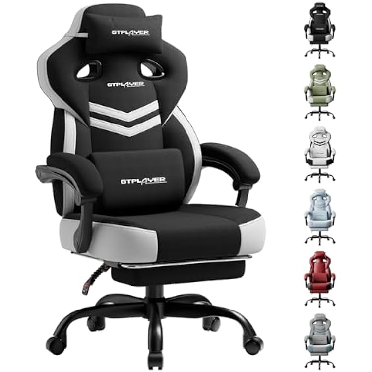 GTPLAYER Gaming Chair, Computer Chair with Footrest and Lumbar Support for Adults, 360-Swivel Big & Tall Reclining Seat for Office or Gaming Black&White