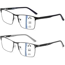 JM Progressive Multifocus Reading Glasses Men, Blue Light Blocking Readers No Line Metal Eyeglasses with Spring Hinge 2 Pack
