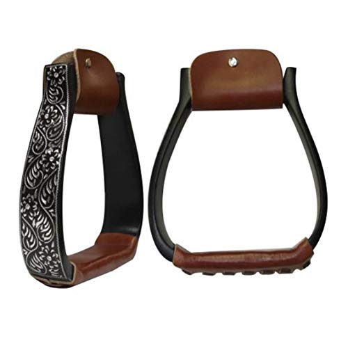 New Black Aluminum Western Saddle Stirrups with Engraved Silver and Crystal Rhinestones