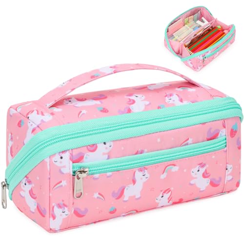 Large Pencil Case for Girls, Aesthetic Pencil Pouch for School, Wide Opening Organizer Box with Handle, Fits 50 Pens & Markers Pink Cute Unicorn