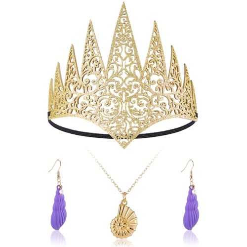 3 Pcs Halloween Witch Costume Accessories Set Golden Shell Necklace Purple Conch Shell Earrings Royal Die Cut Crown Witch Cosplay for Halloween Party Theme Costumes Supplies