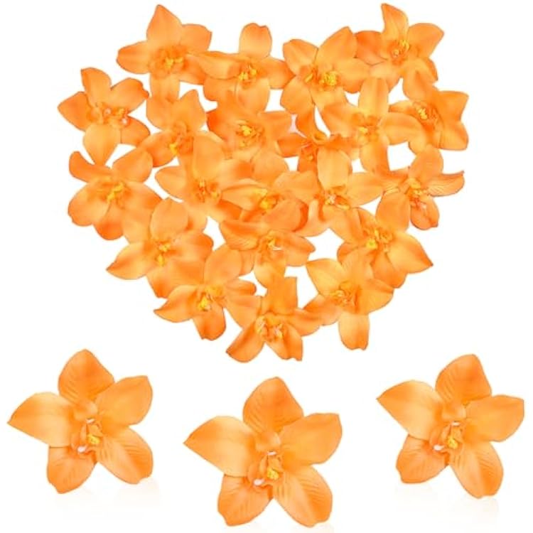 50pcs Orange Artificial Orchid Flower Heads Silk Fake Flower Heads, 2.36 Inch Faux Tropical Orchid Bloom Heads for Flower Arrangement Centerpiece Home Indoor Decor