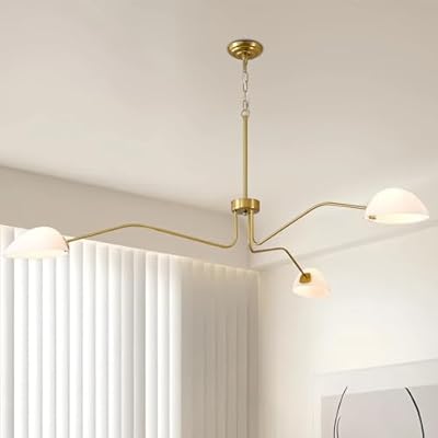 Mid Century Modern 3 Arm Chandelier, 65.5in Arm Light Fixture with White Lampshade, Adjustable Large Pendant Lighting Fixture for Living Room, Dining Room