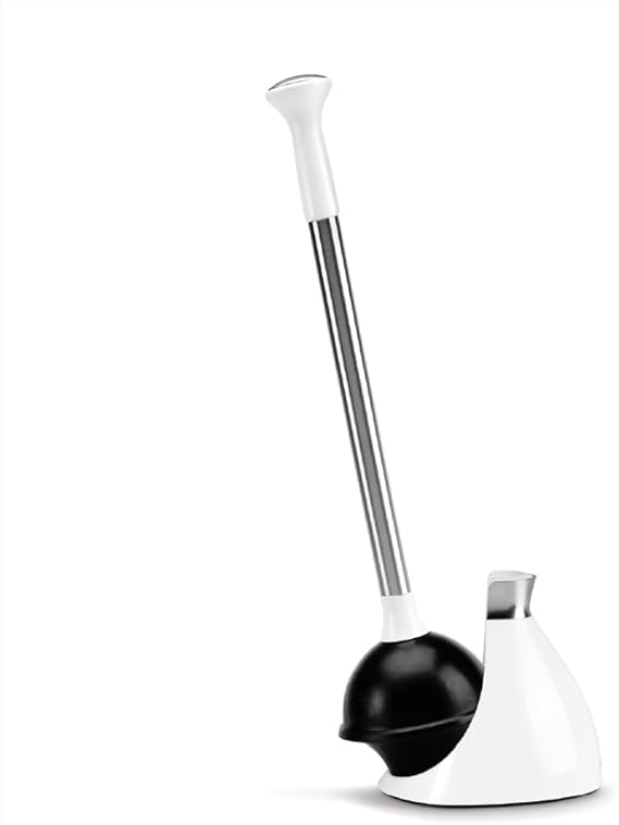 simplehuman Toilet Plunger with Holder, Toilet Plunger and Holder Set, Magnetic Drip-Free Cover, Narrow Flange for Modern Low-Flow Toilets, Hidden Dome Storage, Stainless Steel, White