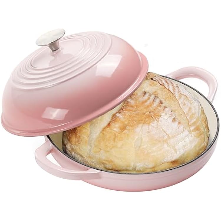 Enameled Round Cast Iron Bread Oven, 6 Qt Cast Iron Dutch Oven for Homemade Sourdough Bread Baking, Bread Dome Pot with Cloche Lid Gradient Pink