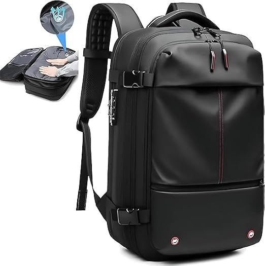 Vacuum Travel Backpack with Pump, Easy Vac Pack with a Vacuum Sealed Compartment,Expandable 60L for Traveling,Airplane(Black)