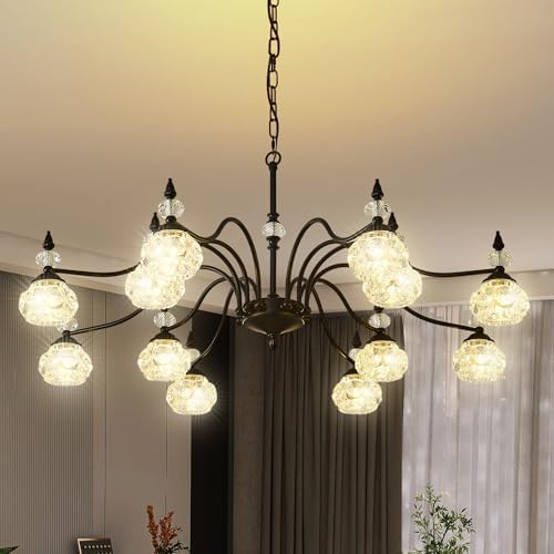 41 Vintage Crystal Chandelier - 12-Light Antique Victorian Pendant Light with Crystal Glass Shades, Modern Farmhouse Hanging Light Fixtures for Kitchen Island Living Room Office 41in