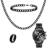 NEWITIN 4 Pieces Black Jewelry Set for Men Stainless Steel Watch Necklace Bracelet Ring Fashion Black Wristwatch Cuban Link Chain Cuban Jewelry Set for Men