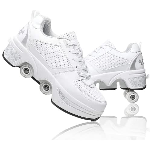 Double-Row Deform Wheel Automatic Walking Shoes Invisible Deformation Roller Skate 2 in 1 Removable Pulley Skates Adult Childrens Unisex Skating Shoes Recreation Sneakers