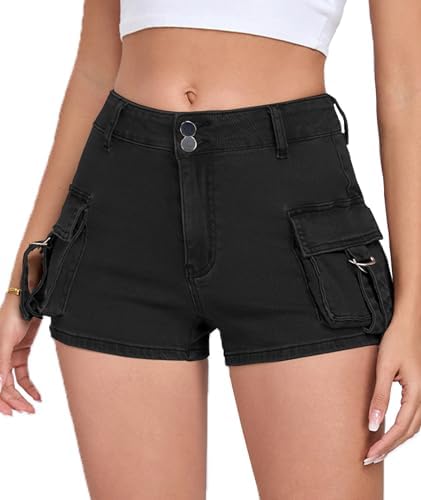 Women's Denim Mini Cargo Shorts Casual Mid Waisted High Stretchy Jean Shorts Sexy Booty Shorts with Pockets Y2K