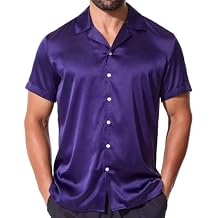 fohemr Mens Satin Shiny Cuban Shirts Luxury Short Sleeve Dress Button Down Stylish Solid Party Summer Business Shirt