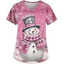 Christmas Scrubs for Women Thanksgiving Printed Scrub Tops V Neck Short Sleeve Medical Uniforms with Pockets