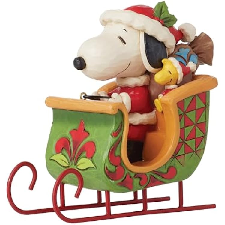 Enesco Peanuts by Jim Shore Santa Snoopy and Woodstock in Sleigh Figurine- Resin Hand Crafted Painted Collectible Mini Figurines Peanuts Snoopy Christmas Home Decor Shelf Statue, 4.92 Inch, Multicolor