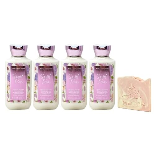 Bath & Body Works Sweet Pea 4 Piece Body Lotion Bundle with a Himalayan Salts Springs Sample Soap