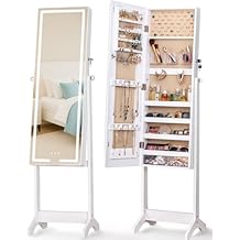 LUXFURNI LED Mirror Jewelry Cabinet Standing Jewelry Armoire, 60" Full Length Mirror with Jewelry Storage, 3 Color Modes, 3 Adjustable Angles, Lockable Jewelry Organizer Mirror, White