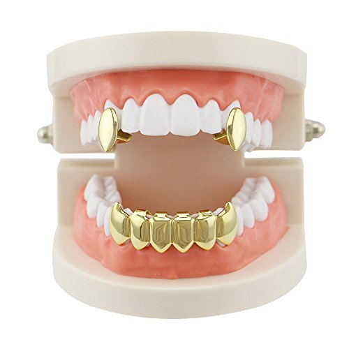 Psivika Gold Plated Shiny Hip Hop Teeth Grillz Caps Iced Out CZ Top and Bottom Vampire Fangs Grillz for Men and Women