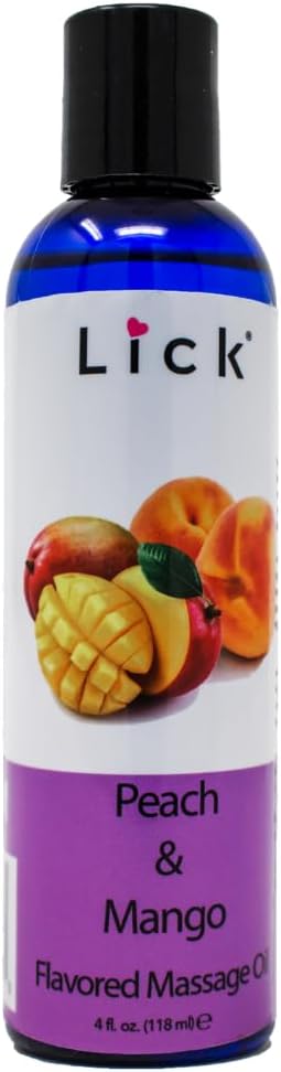 Lick Peach Mango Flavored Massage Oil Juicy Tropical Blend Edible Massage Oil with Vitamin E, Lightweight Smooth Glide for Couples Massage & Sensory Play, 4 oz