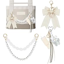 YPINGABS 7PCS Tote Bag Accessory Set for YETI Camino 20/35/50 & Bogg Bags, Pearl Bow Pendant, Acrylic Chain, Mini Tumbler Keychain, Butterfly Beaded Charms (White)
