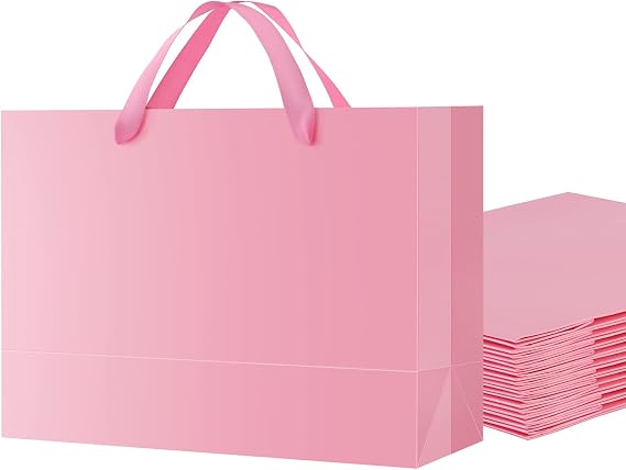 12 Extra Large Pink Gift Bags 16x6x12 Inches, Luxury Large Gift Bags with Handles for All Occasions Glossy Pink