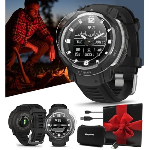 Garmin Instinct Crossover Black Hybrid Rugged Smart Watch with Luminescent Hands & Digital Display | Gift Box Bundle with Screen Protectors, Wall Adapter & Hard Case | Smartphone Compatible