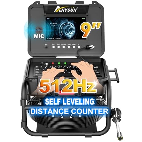 Anysun All-in-1 Sewer Camera - 512Hz, Distance Counter, Self-Leveling, 1-Touch VideoAudio, 100Ft Pipe Inspection Camera with 9 1080P Screen, IP68 Industrial Borescope, 16GB