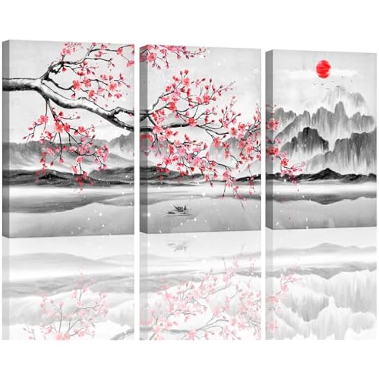Pink Cherry Blossom Wall Art Red Sun Japanese Wall Decor Pink Floral Canvas Art Pictures Aesthetic Girls Room Wall Decor for Bedroom Kitchen Office Decor Artwork for Walls Stretched 12x16inches x3pcs