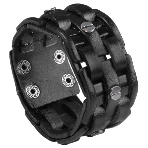 Zysta Cool Punk Rocker Wide Cuff Wristband Bracelet Mens Gothic Biker Braided Style Genuine Leather Bangle 8.5-9 Adjustable BlackBrown