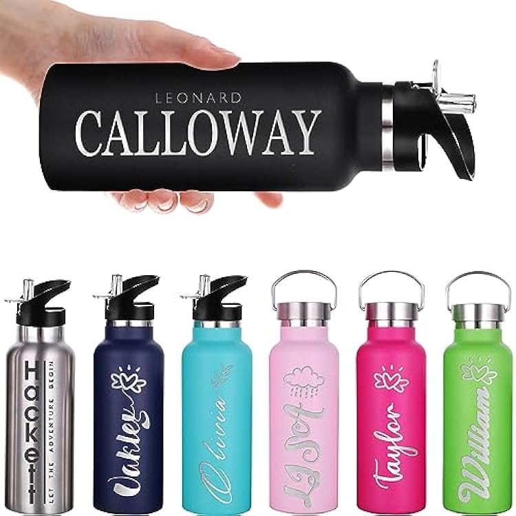 Personalized Water Bottles with Straw Lid 1226 oz Custom Insulated Sport Water Bottle Laser Engraved Stainless Steel Bottle with Name Logo for School Sports Hiking