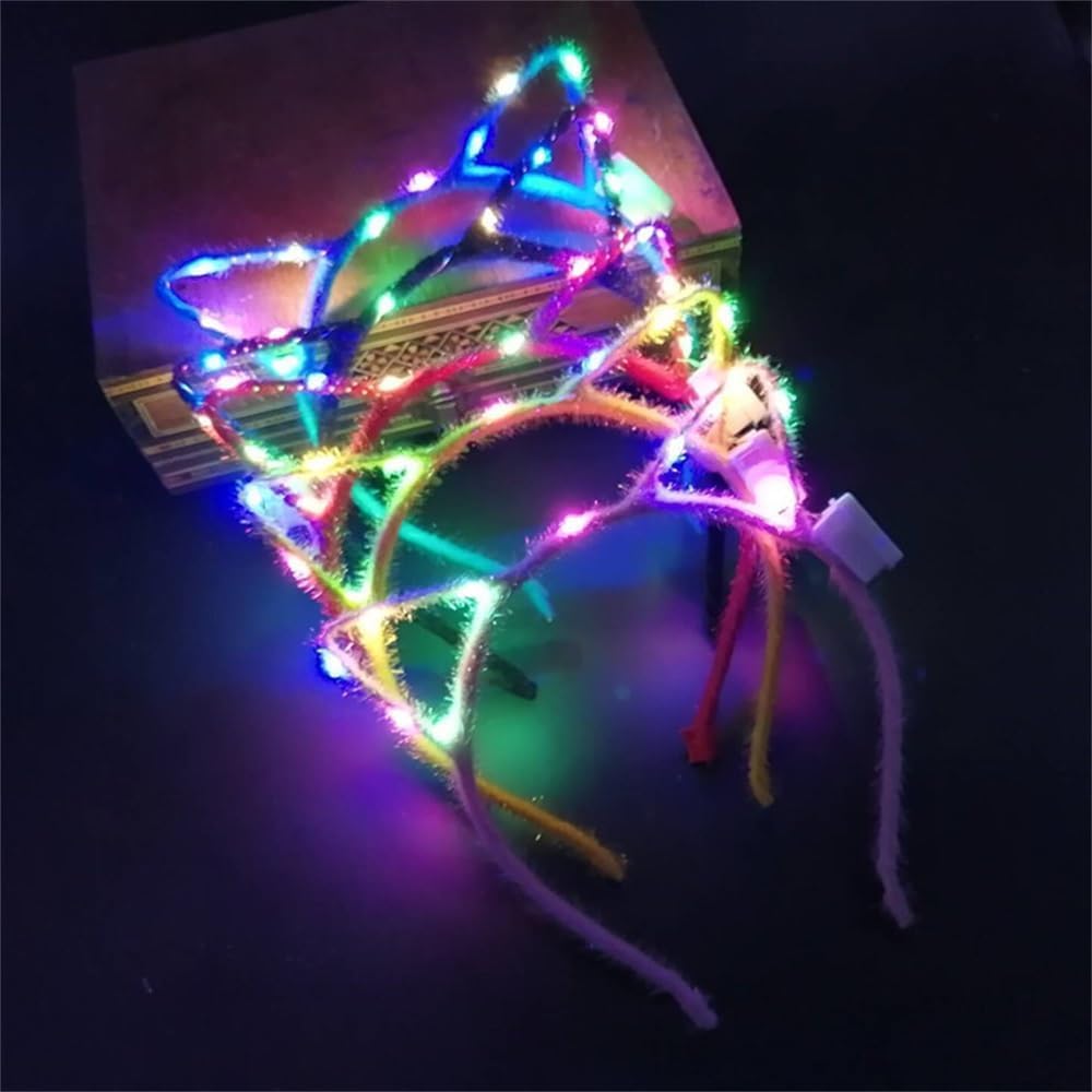 XIHAMA 10 PCS Cat Ears Headband Set, LED Cute Cat Light Up Ear Head Accessories for Women Girls Kids Christmas Halloween Party Supplies S1