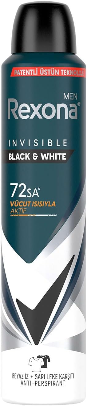 Rexona Men Mens Spray Deodorant Invisible Black & White 72 Hours Uninterrupted Superior Protection 200 ml