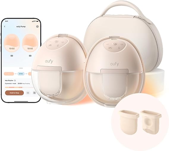 eufy Heated Wearable Breast Pump S1 Pro with Original Diaphragm (2-Pack), Slim Hands-Free Breast Pump with Industry-Leading HeatFlowTM Tech, Wireless Charging Case, App-Controlled OptiRhythmTM