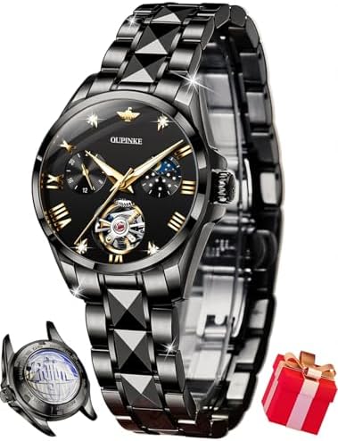 OUPINKE Women Automatic Watches Luxury Diamond Flywheel Two-Tone Stainless Tungsten Steel Band Moon Phase 24 Hours