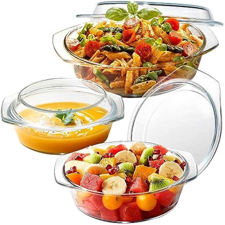 ZYER Round Glass Casserole Dish Set, Glass Casseroles with Lid Set of 3-1L, 1.4L, 1.7L