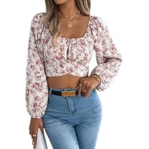 Xixiuly Women's Boho Floral Lantern Sleeve Crop Tops Square Neck Long Sleeve Blouse Shirts Back Tie Waist Casual Blouses Top