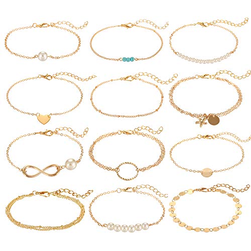 Softones 12pcs Simple Silver Gold Bracelets for Women Cute Pearl Bracelet Tiny Charm Dainty Handmade Bracelet Set Adjustable