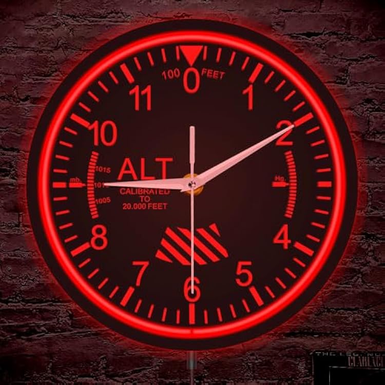 The Geeky Days Airplane Cockpit Altimeter Flexible Flex Red Illuminated Neon Metal Frame Wall Clock Aviation Instrument Home Decor Timepiece Aircraft LED Neon Lighting Wall Clock Aviator Pilot Gift