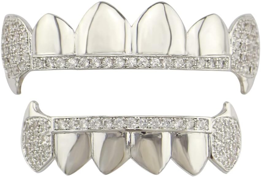 Psivika Diamond Grills Gold Plated Shiny Hip Hop Teeth Grillz Caps Iced Out CZ Top and Bottom Vampire Fangs Grillz for Men and Women