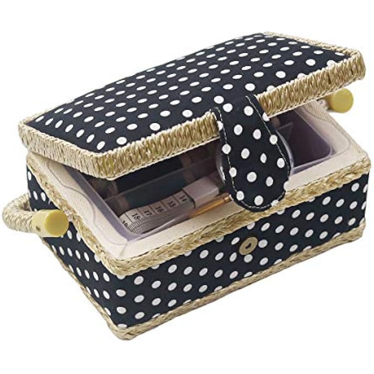 Sewing Basket Kit Sewing Box with Mini Sewing Accessories for Kids, Small Black Polka Dot