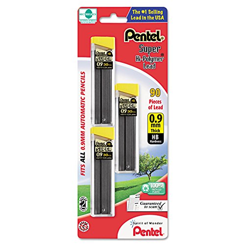 Pentel Super Hi-Polymer Lead Refills, 0.9 mm, Thick, HB, Pack of 3, 90 Pieces of Lead C29BPHB3
