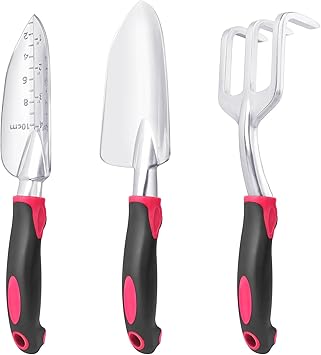 Garden Tools Set, 3 Pack Heavy Duty Gardening Tools Set Include Garden Shovel, Transplant Trowel and Hand Rake with Ergonomic Handle, Aluminum Alloy Lawn for Planting Tools, Red