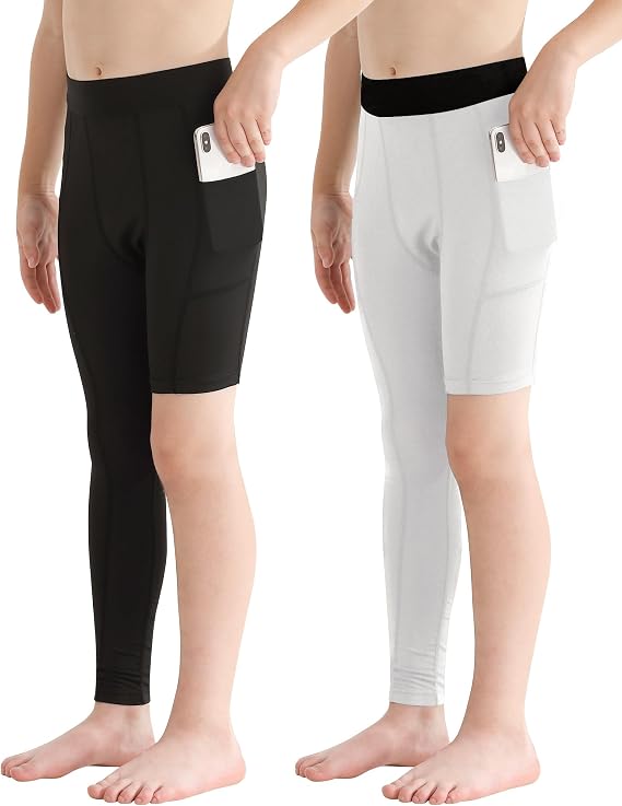 Hotfiary Youth Boys One Leg Compression Pants for Basketball Long Leggings Sports Tights Kids Athletic Soccer Base Layer