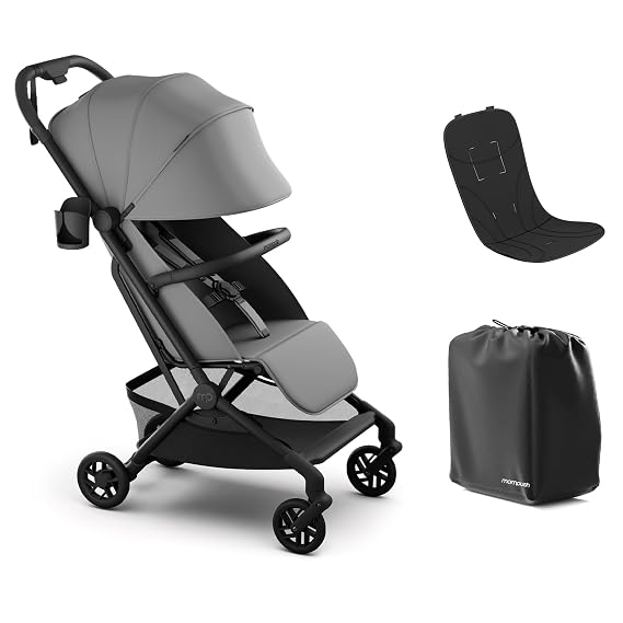 Mompush Velo Lightweight Travel Stroller, Compact & Airplane-Friendly Design with One-Hand Fold, Lie-Flat Recline from Newborn to Toddler, Includes Leather Bumper Bar, Raincover & Cup Holder