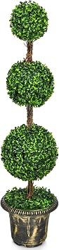 DREAMADE 4ft Topiary Trees Artificial Outdoor, Triple Ball Boxwood Topiary w/Cement-Filled Retro Pot, Fake Plants Shrub Bushes for Home, Office, Porch, Front Door, Entrance, Backyard