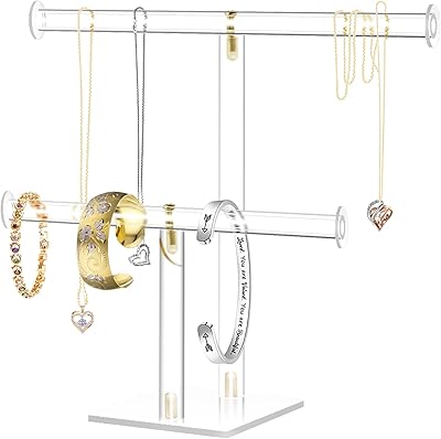 Acrylic Jewelry Display,Clear Acrylic Round Bracelet Display Holder Organizer Jewelry Holde Organizer Tree Stand, 2 Tier Jewelry Display Necklace Holder Stand 2-Bar