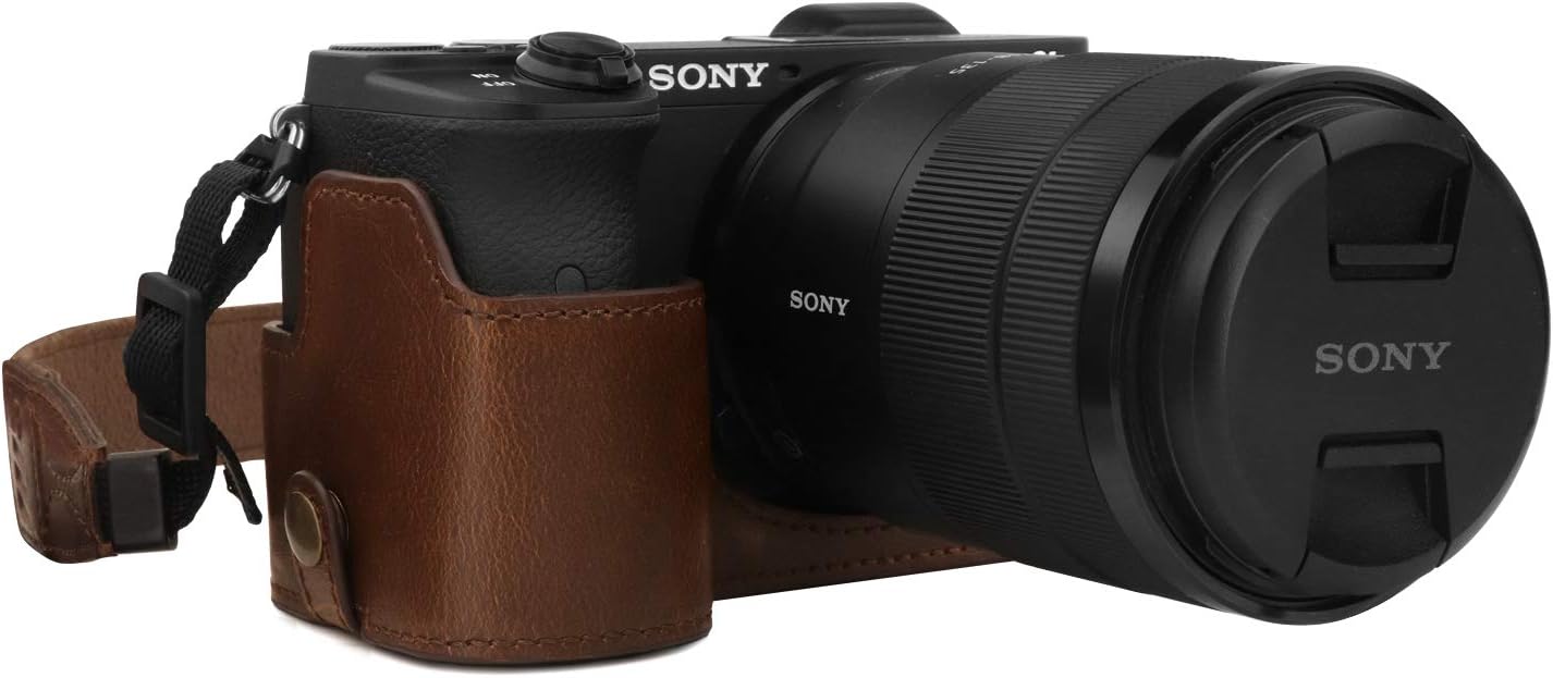 MegaGear MG1809 Ever Ready Leather Camera Half Case Compatible with Sony Alpha A6600 - Light Brown