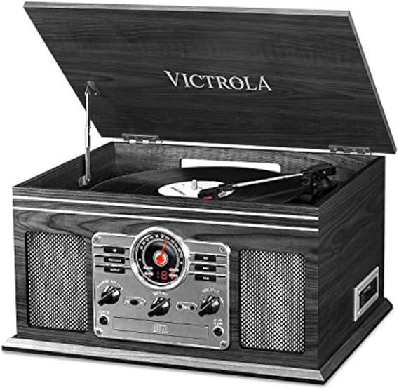 Victrola The Quincy 6-in-1 Bluetooth Record Player & Multimedia Center with Built-in Speakers 3-Speed Turntable, CD & Cassette Player, FM Radio, Wireless Music Streaming (Grey Wood)